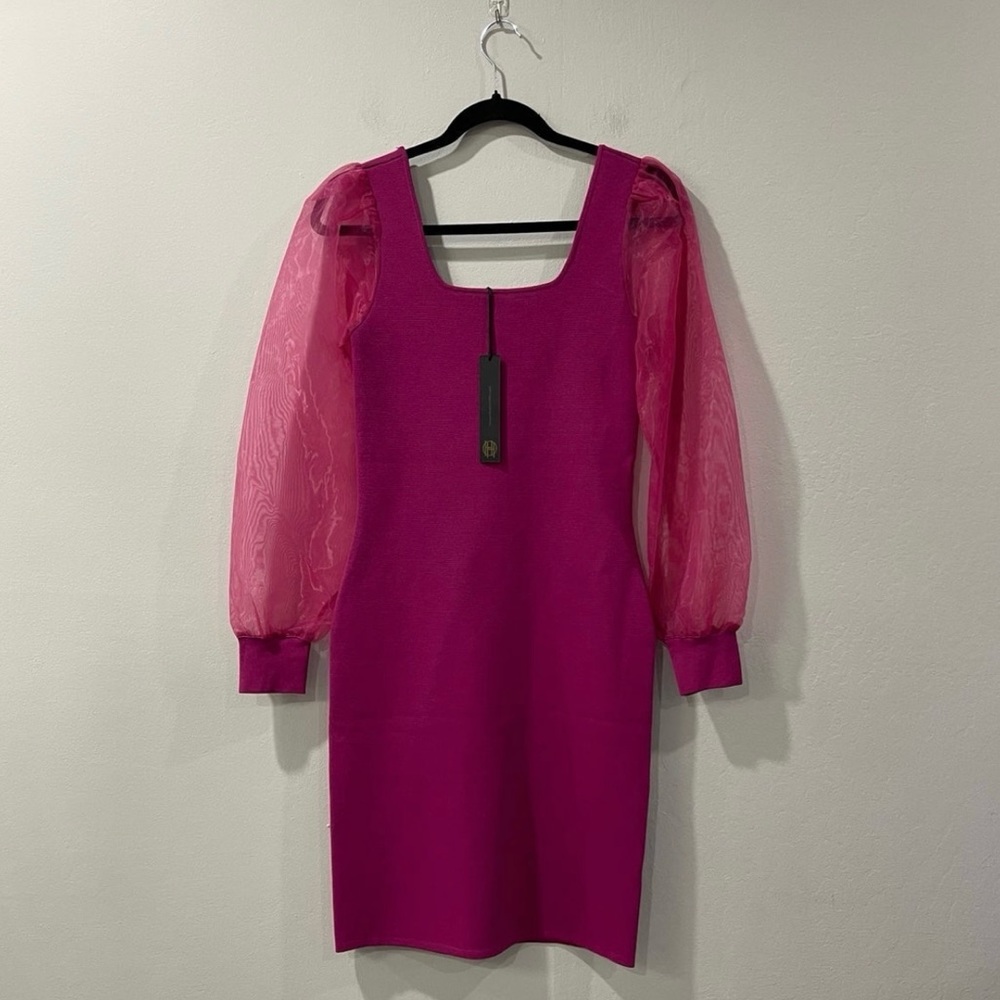 NWT House of Harlow 1960 Fuchsia Sheer Puff Long Sleeve Knit Midi Dress Sz XS